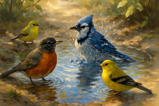 Birds taking a bath in a puddle