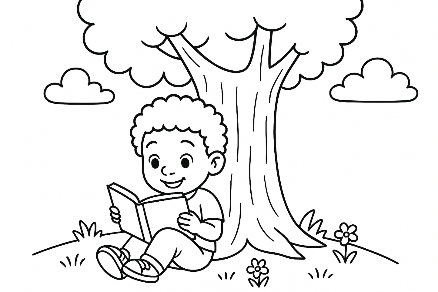 Black child reading under tree
