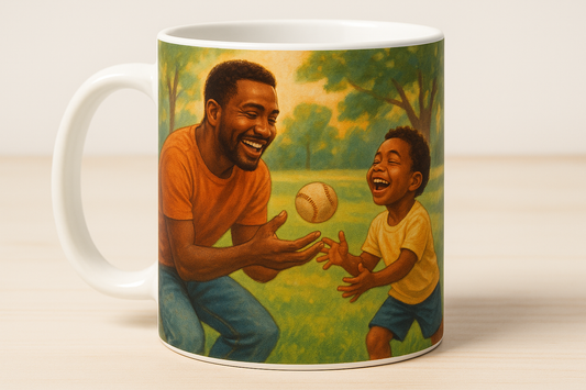 Black father and son playing catch coffee mug design