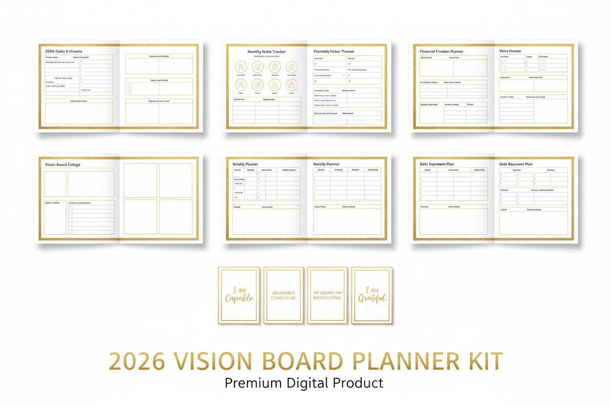 2026 Vision Board Planner - Digital Download | Gold Minimalist Goal Setting Kit