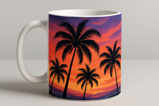 Coffee mug design with palm trees