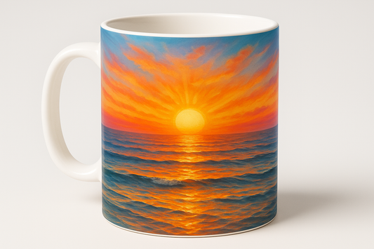 Coffee mug design with sun rising over ocean