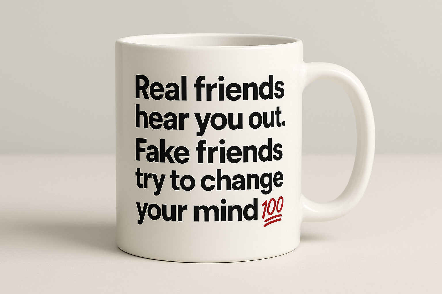 Coffee mug with motivational text "Real Friends hear you out. Fake friends try to change your mind 💯"