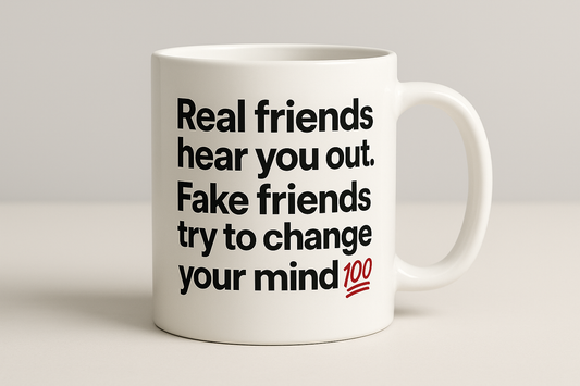 Coffee mug with motivational text "Real Friends hear you out. Fake friends try to change your mind 💯"