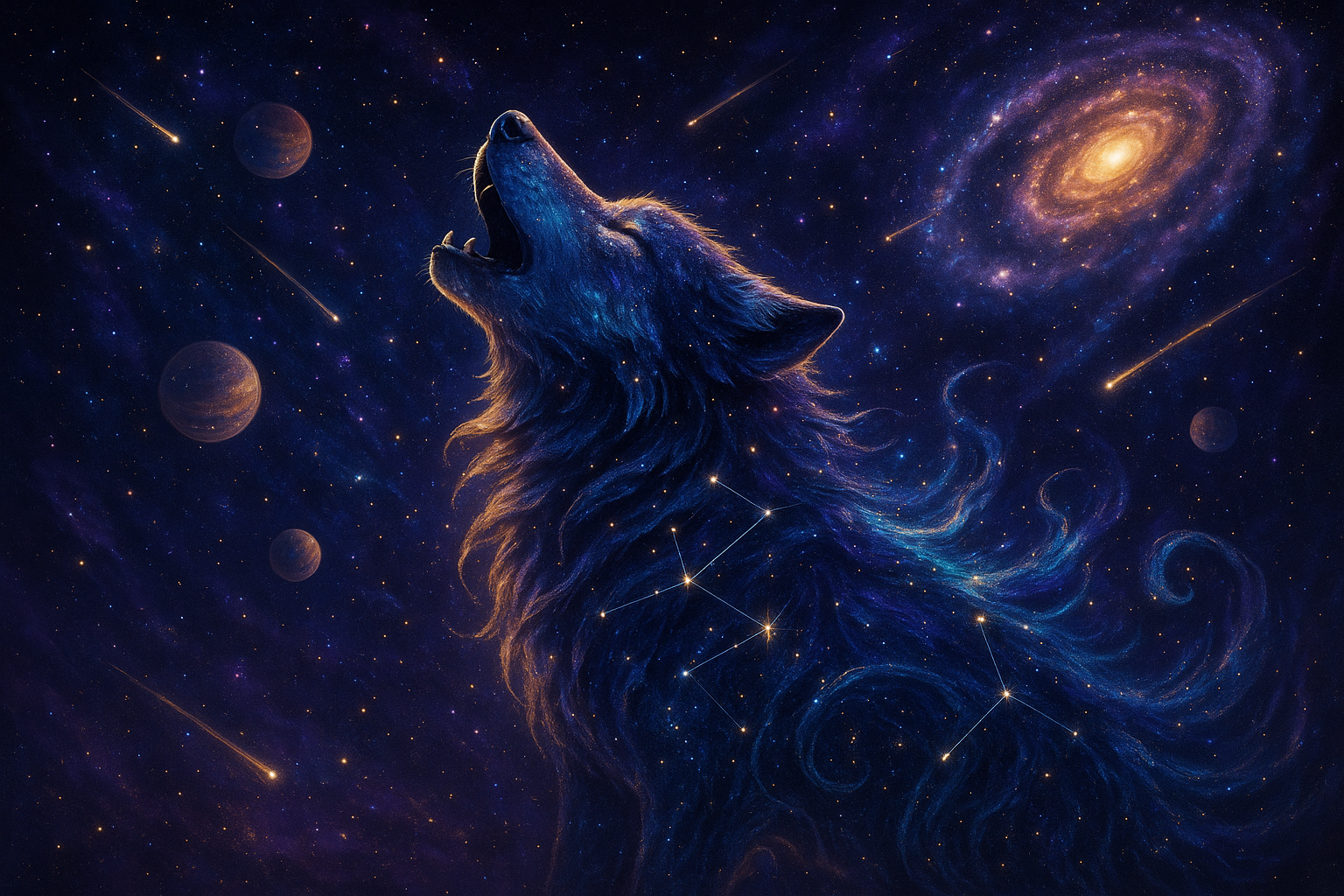 Cosmic wolf made of stardust howling at galaxy-filled sky
