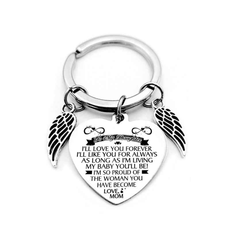 Dad Mom To My Daughter Heart Pendant Keychain Angel Wings Inspirational Letter Key Chain