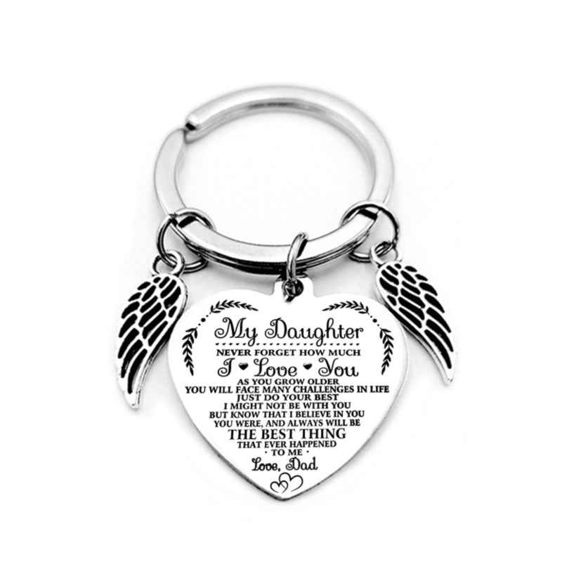 Dad Mom To My Daughter Heart Pendant Keychain Angel Wings Inspirational Letter Key Chain