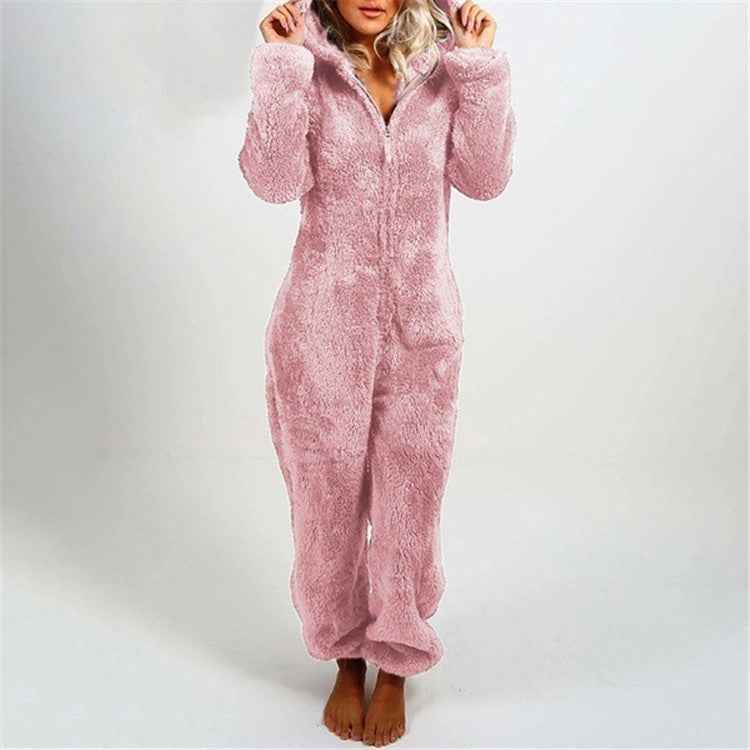 Fleece-lined Thickened Furry Jumpsuit Hooded Pajamas