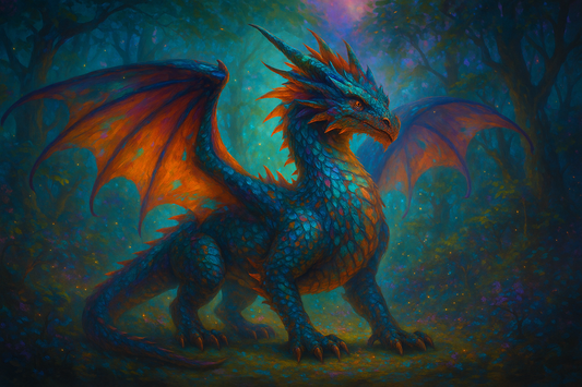Digital art of a fantasy dragon in colorful magical landscape, majestic creature with vibrant scales and wings, enchanted forest setting with mystical atmosphere, bright fantasy colors suitable for commercial use