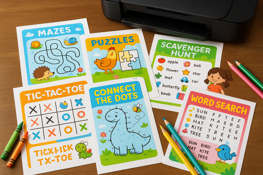 Digital printable games for kids with colorful, unique designs showing various educational activities, puzzles, and games spread out with art supplies
