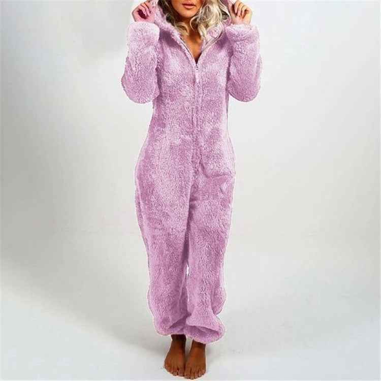 Fleece-lined Thickened Furry Jumpsuit Hooded Pajamas