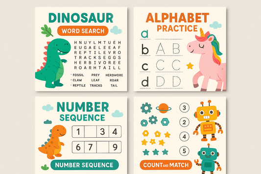 Educational printable games showing word searches, alphabet activities, and number games with dinosaurs, unicorns, and robots