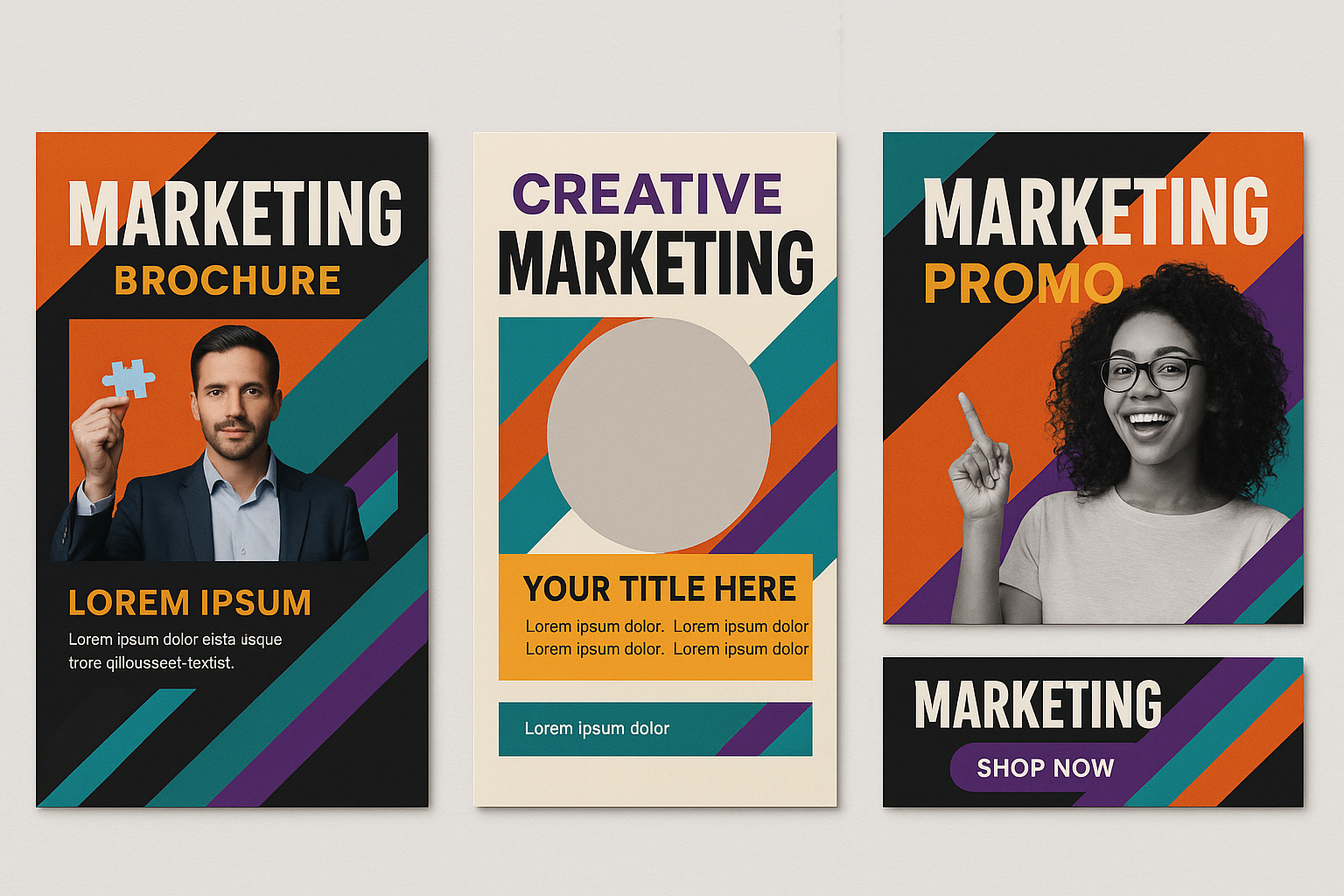 Exclusive marketing materials templates including brochures, flyers and business cards with bold designs