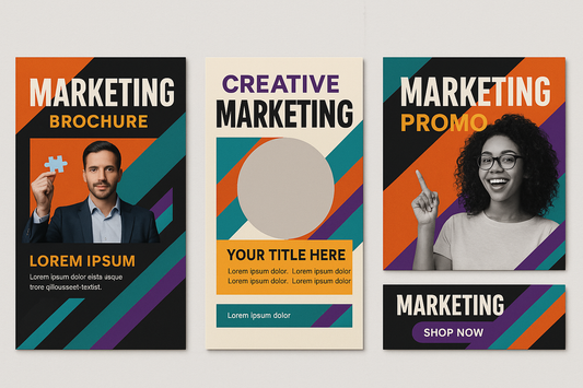 Exclusive marketing materials templates including brochures, flyers and business cards with bold designs