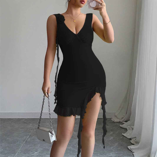 Womens Solid-Color Casual Floral-Trim Dress