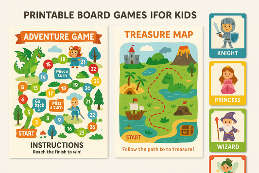 Interactive printable board games and card games with fantasy adventure themes, treasure maps, and magical characters