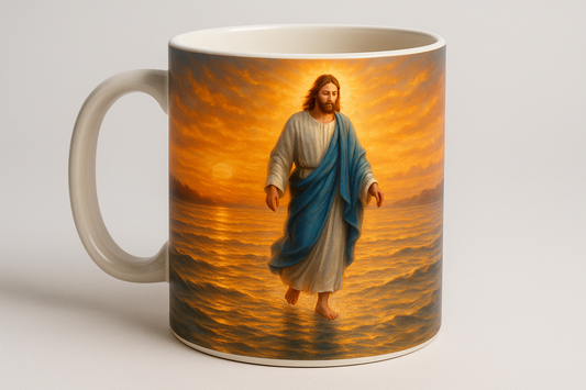 Jesus walking on water sunset coffee mug design