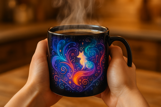 Lifestyle photo of hands holding the color-changing animated mug with magical design appearing as hot beverage is enjoyed
