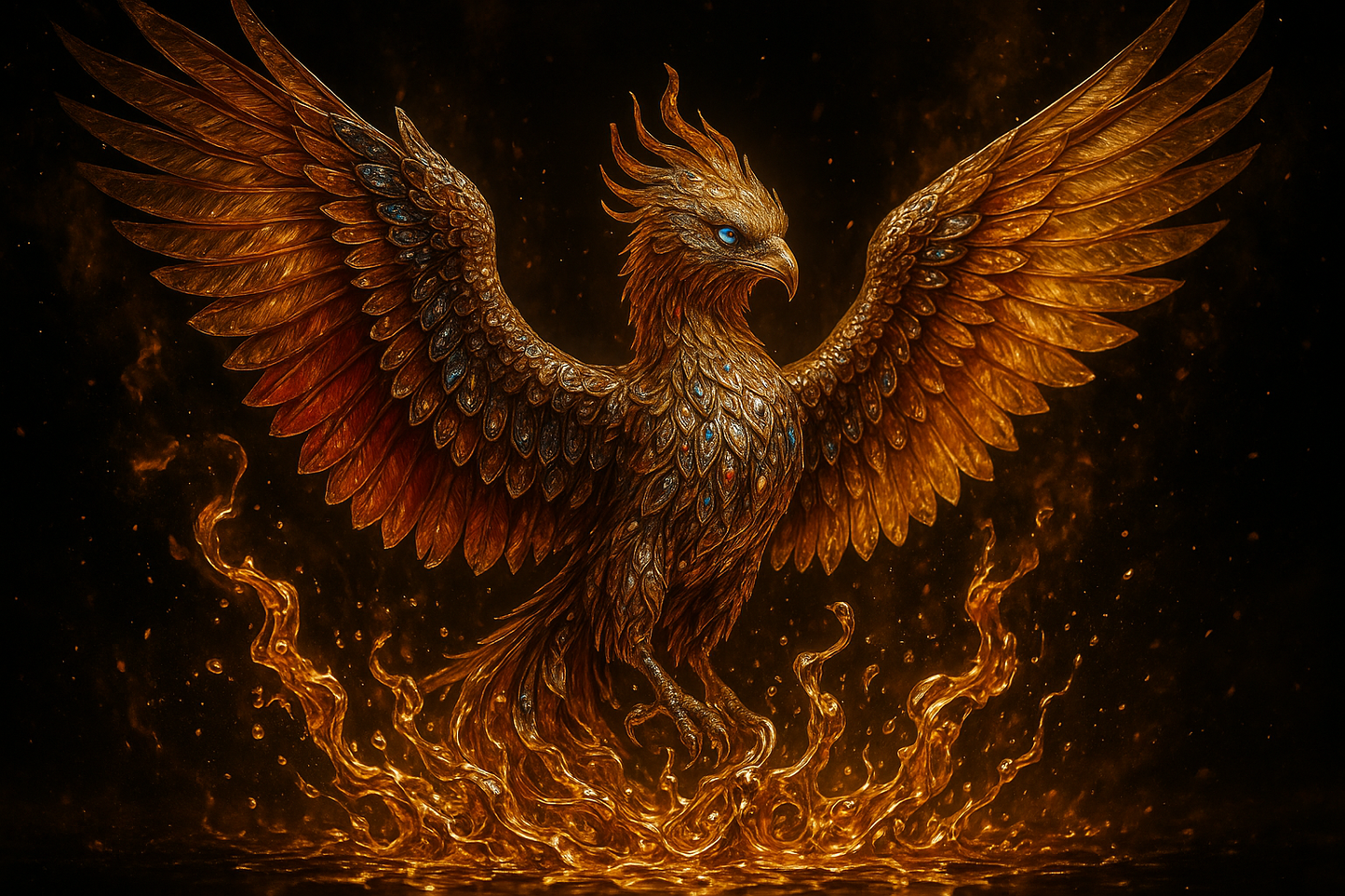 Phoenix rising from liquid gold flames with gemstone feathers