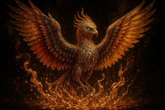 Phoenix rising from liquid gold flames with gemstone feathers