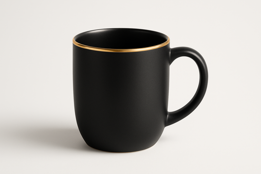 Professional executive business coffee mug with elegant matte black ceramic finish and subtle gold accent rim