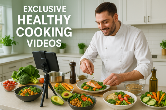 Professional promotional image for exclusive healthy cooking videos showing a modern kitchen with chef preparing colorful, nutritious meals with fresh ingredients