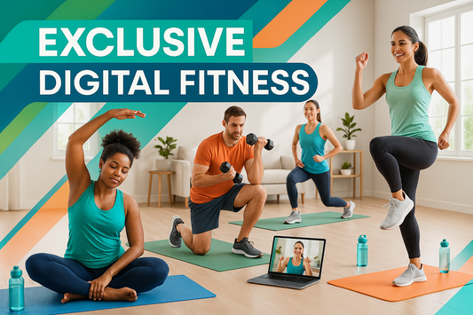 Professional promotional image for exclusive virtual exercise videos showing diverse people doing home workouts with modern fitness setup and premium branding