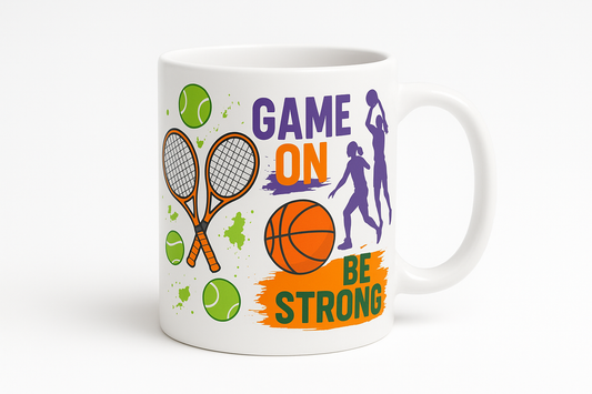 Sports-themed coffee mug featuring tennis and women's basketball designs