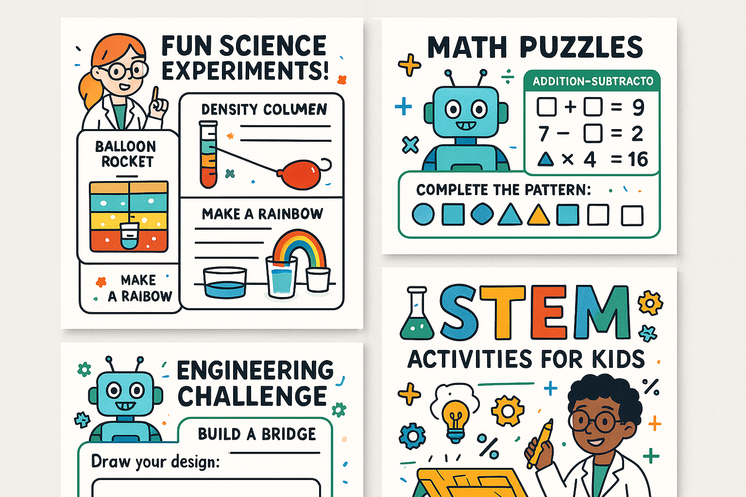 STEM-focused printable activities with science experiments, math puzzles, and engineering challenges featuring friendly robots and scientists