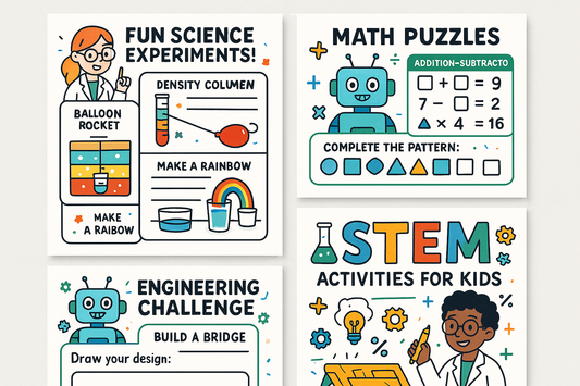STEM-focused printable activities with science experiments, math puzzles, and engineering challenges featuring friendly robots and scientists