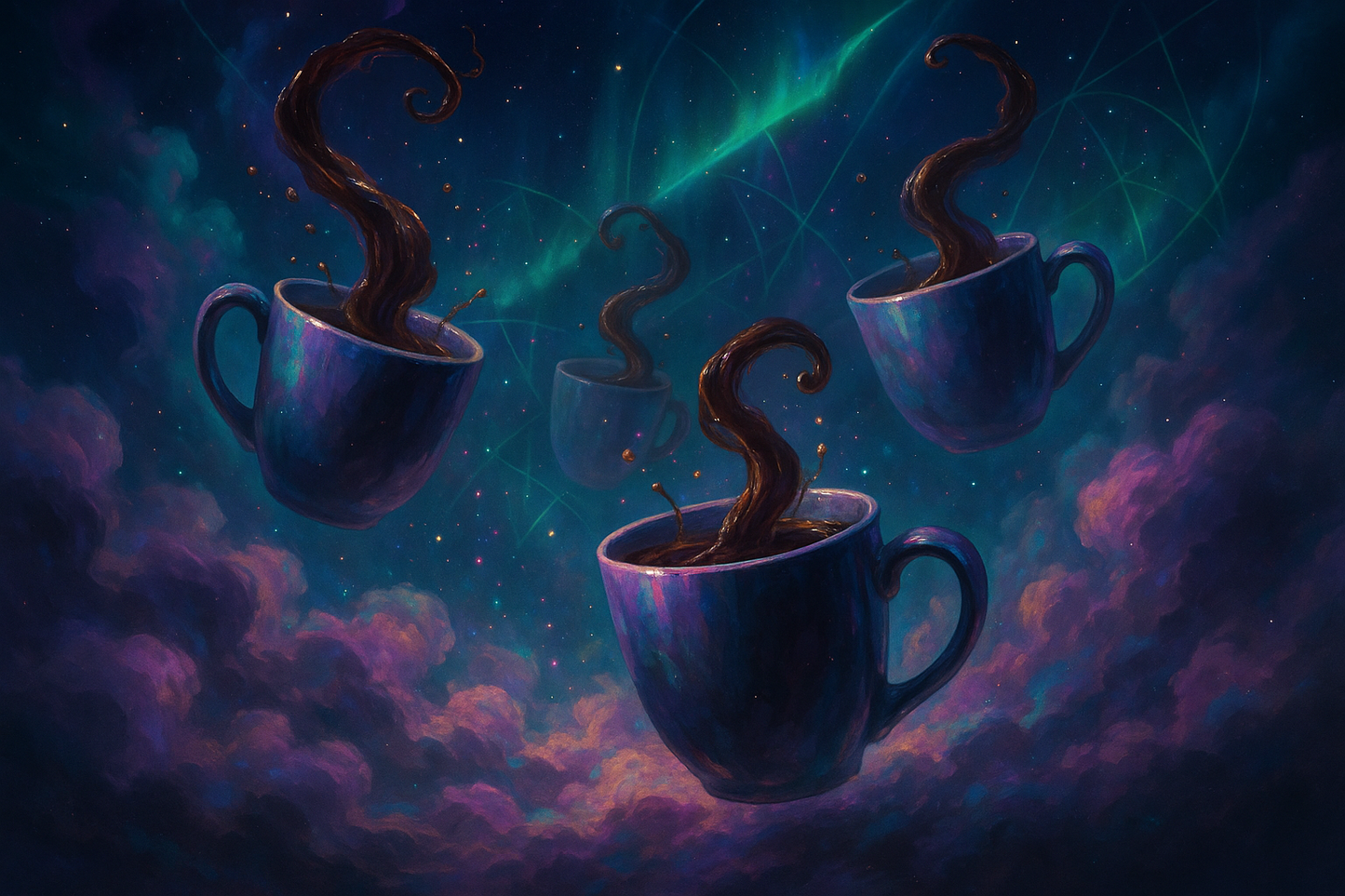 Surreal digital art painting with floating mugs